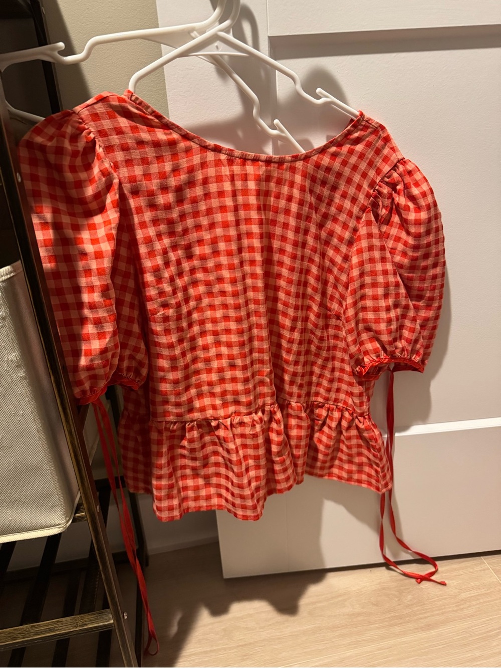 Red Orange Gingham Puff Sleeve Peplum Top